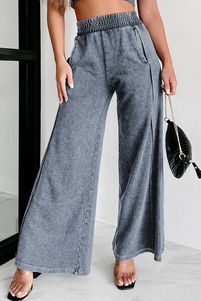 Gray Elastic Waist Wide Leg Pants with Pockets Sentient Beauty Fashions Apparel & Accessories