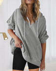 Light Gray Drawstring V-Neck Long Sleeve Hoodie Sentient Beauty Fashions Tops
