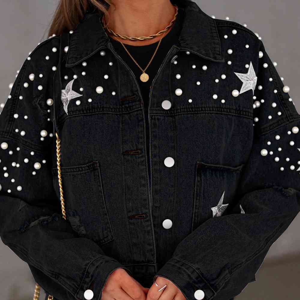 Black Bead Detail Denim Jacket Sentient Beauty Fashions Apparel &amp; Accessories