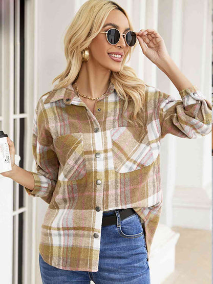 Light Gray Snap Up Plaid Collared Neck Jacket with Pocket