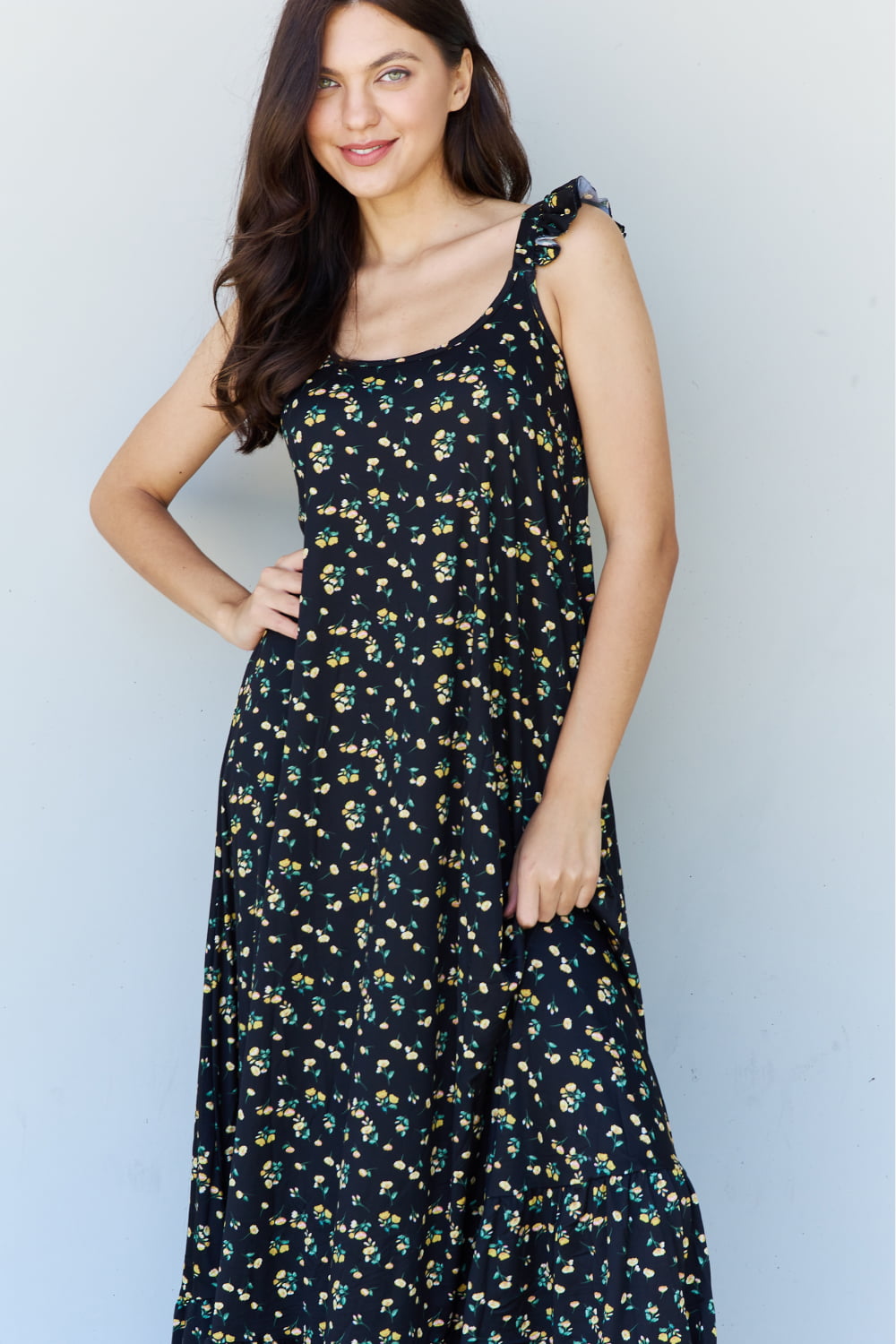 Black Doublju In The Garden Ruffle Floral Maxi Dress in  Black Yellow Floral Sentient Beauty Fashions Apparel & Accessories