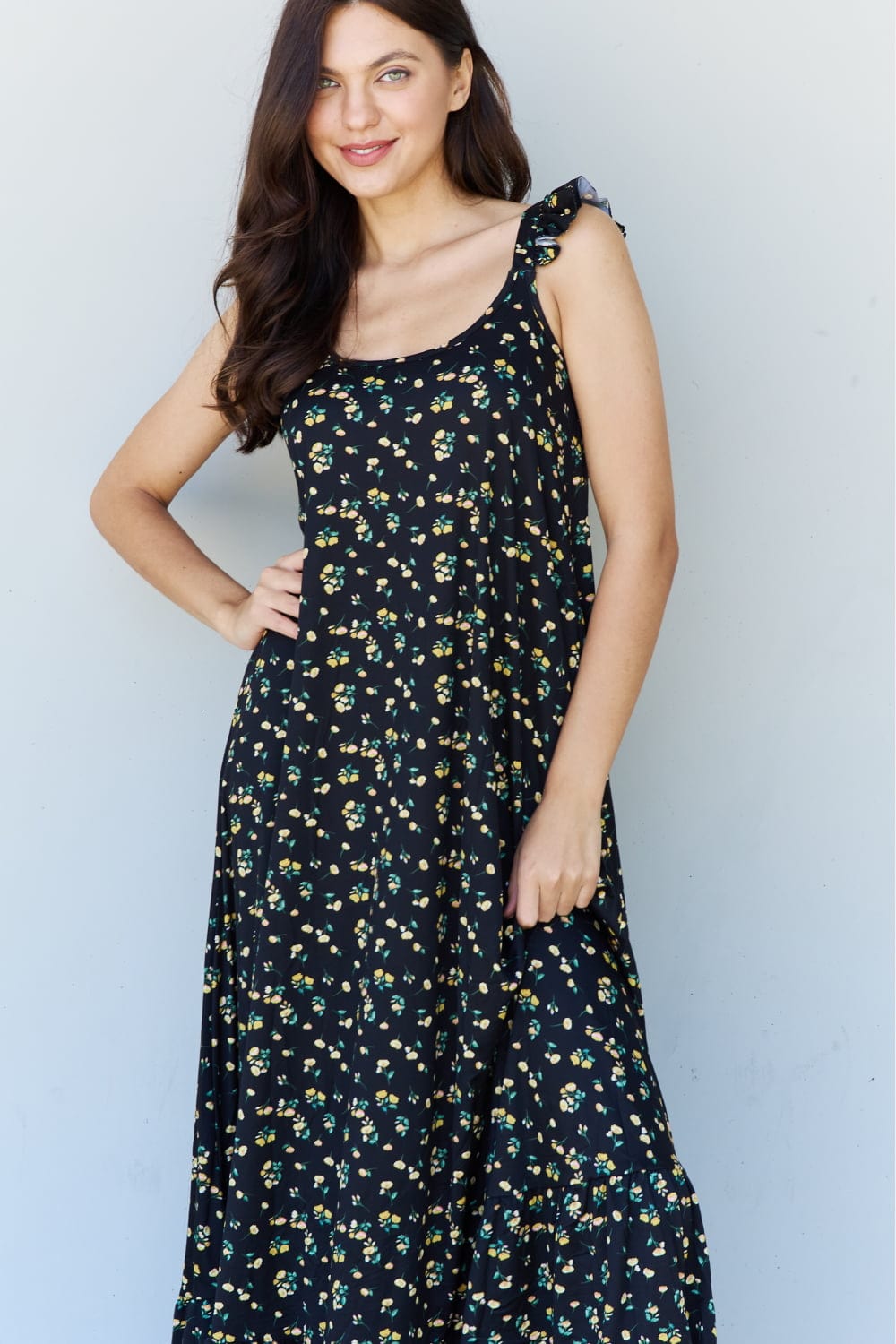 Black Doublju In The Garden Ruffle Floral Maxi Dress in  Black Yellow Floral