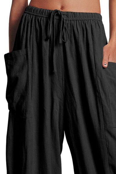 Black Full Size Pocketed Drawstring Wide Leg Pants Sentient Beauty Fashions Apparel &amp; Accessories