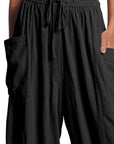 Black Full Size Pocketed Drawstring Wide Leg Pants Sentient Beauty Fashions Apparel & Accessories