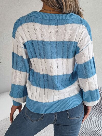 Gray Cable-Knit Striped Long Sleeve Sweater Sentient Beauty Fashions Apparel &amp; Accessories