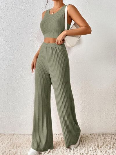Light Gray Ribbed Round Neck Tank and Pants Sweater Set Sentient Beauty Fashions Apparel &amp; Accessories