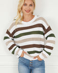 Light Gray Striped Openwork Dropped Shoulder Sweater Sentient Beauty Fashions Tops