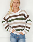 Light Gray Striped Openwork Dropped Shoulder Sweater Sentient Beauty Fashions Tops