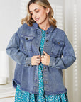 Light Gray HEYSON Full Size Mineral-Washed Button-Down Denim Jacket Sentient Beauty Fashions Apparel & Accessories