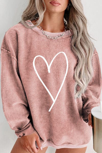 Rosy Brown Plus Size Heart Ribbed Round Neck Sweatshirt