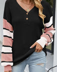 Gray Color Block V-Neck Dropped Shoulder Sweater Sentient Beauty Fashions Apparel & Accessories