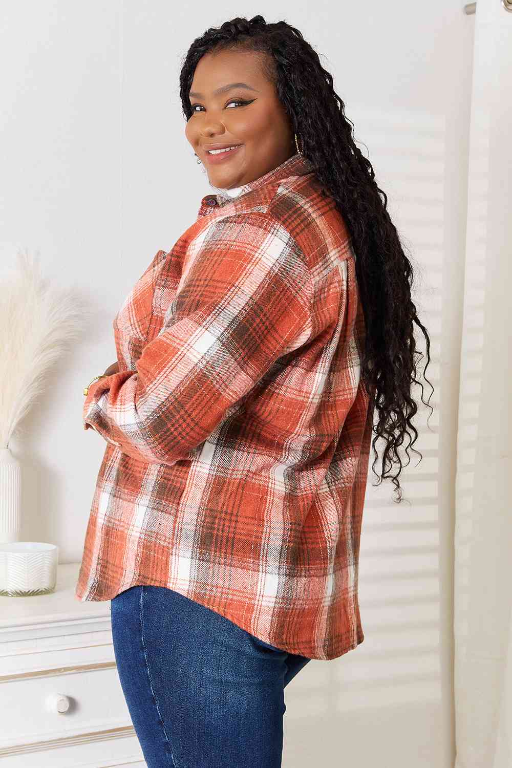 Light Gray Double Take Plaid Collared Neck Long Sleeve Shirt