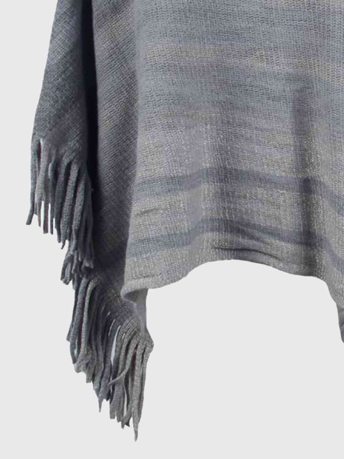 Slate Gray Striped Boat Neck Poncho with Fringes