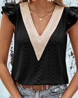 Black Contrast V-Neck Eyelet Top Sentient Beauty Fashions Apparel & Accessories