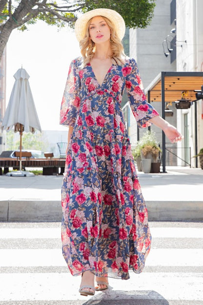 Gray ee:some Floral Frill Trill Deep V Maxi Dress