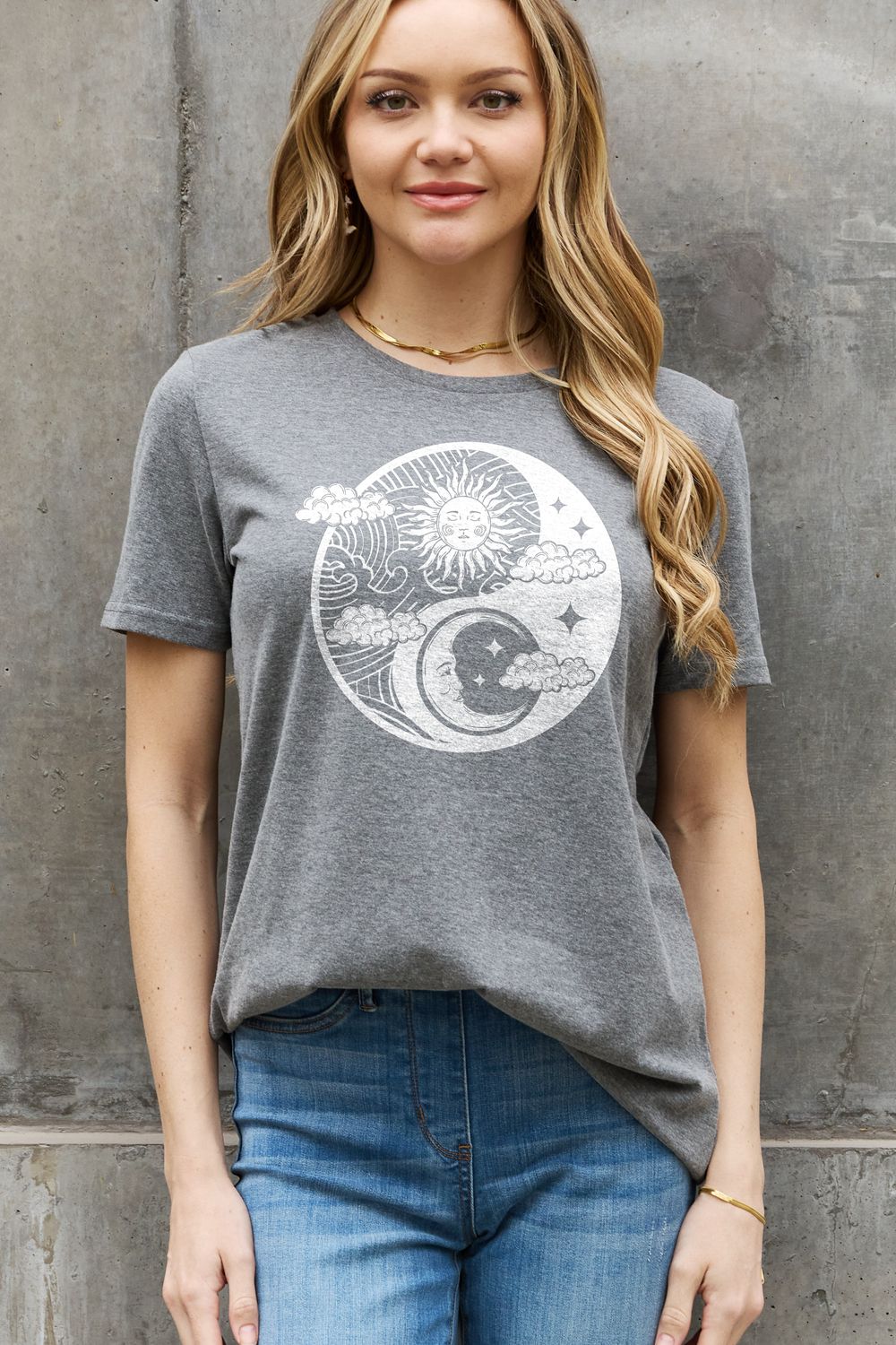 Light Slate Gray Simply Love Full Size Sun and Moon Graphic Cotton Tee Sentient Beauty Fashions Apparel & Accessories