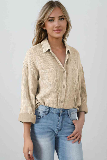 Light Gray Mineral Wash Crinkle Textured Chest Pockets Shirt