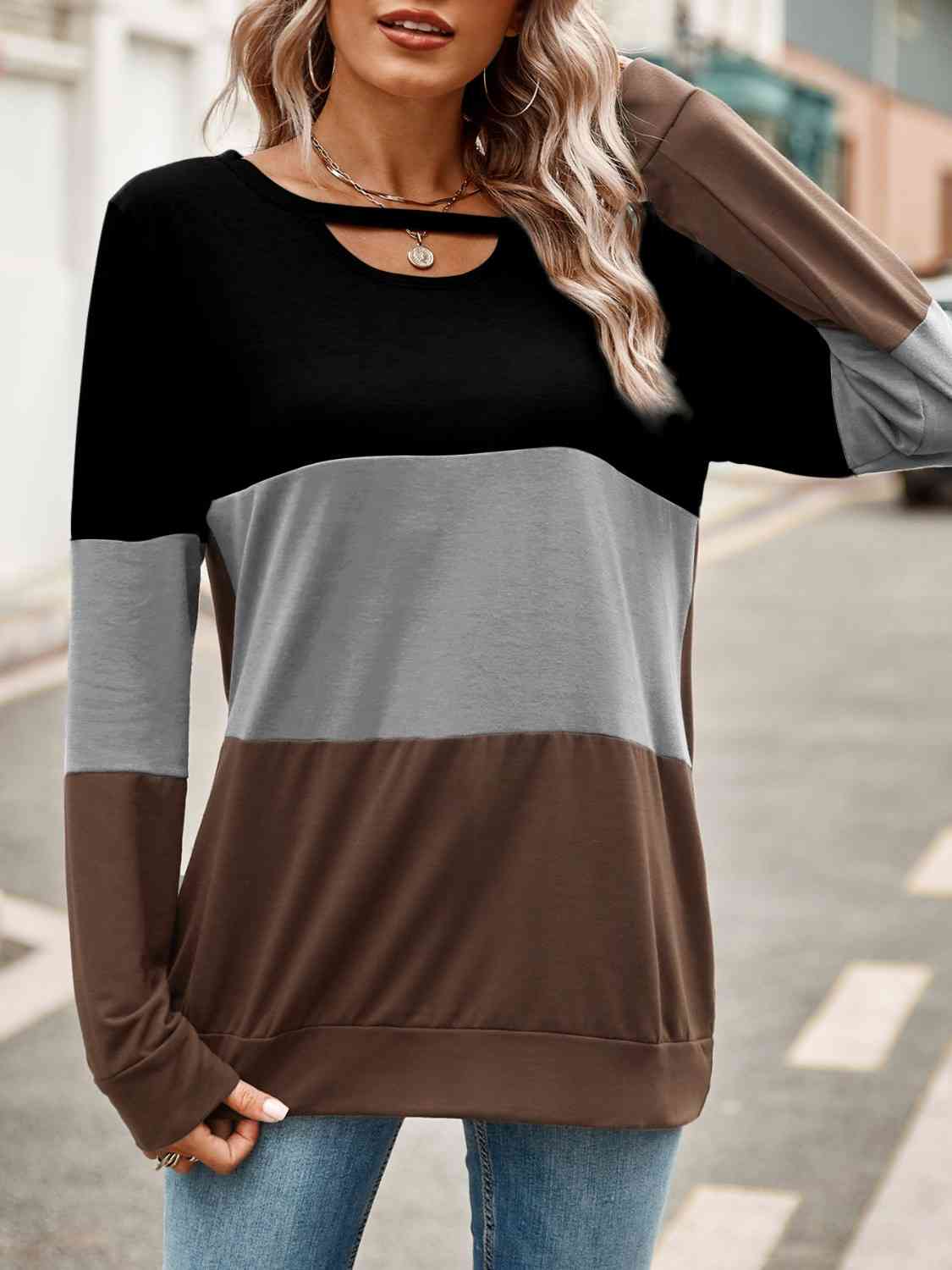 Dark Slate Gray Color Block Cutout Round Neck Long Sleeve T-Shirt Sentient Beauty Fashions Apparel &amp; Accessories