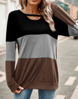 Dark Slate Gray Color Block Cutout Round Neck Long Sleeve T-Shirt Sentient Beauty Fashions Apparel & Accessories