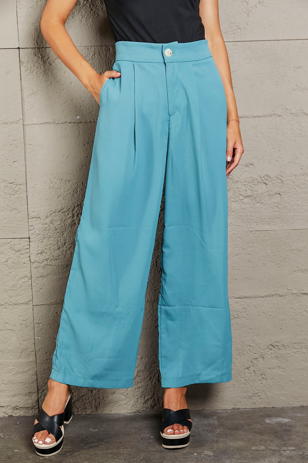 Light Slate Gray Wide Leg Buttoned Pants Sentient Beauty Fashions Apparel &amp; Accessories