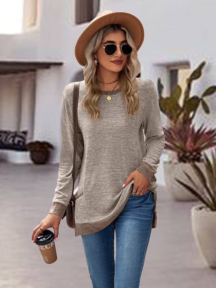 Dark Gray Round Neck Long Sleeve Blouse