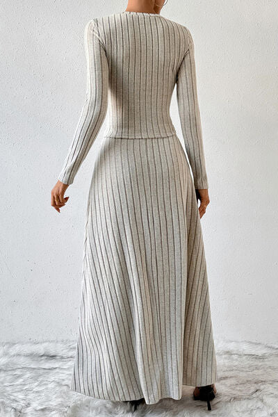 Light Gray Ribbed Round Neck Top and Skirt Set Sentient Beauty Fashions Apparel &amp; Accessories