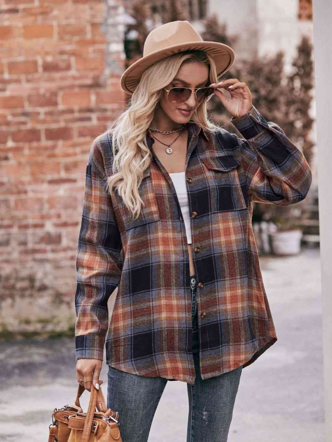 Rosy Brown Plaid Dropped Shoulder Longline Shirt Sentient Beauty Fashions Apparel & Accessories