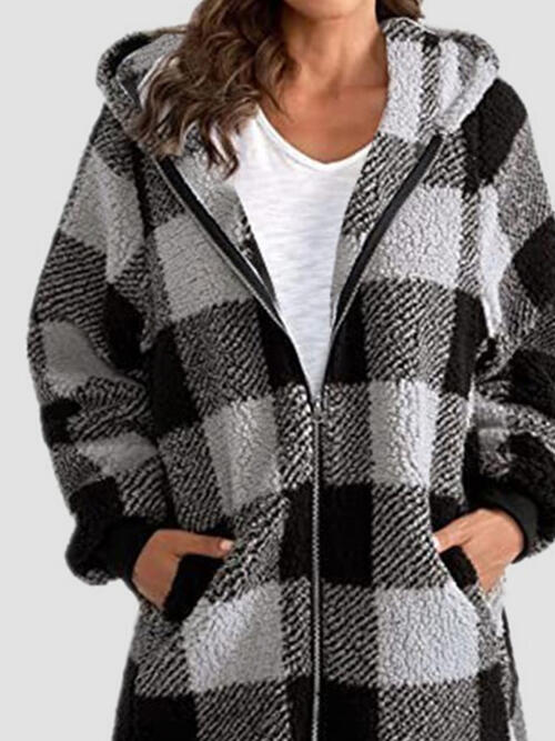 Dark Slate Gray Plaid Zip Up Hooded Jacket with Pockets Sentient Beauty Fashions Apparel &amp; Accessories