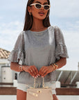 Light Gray Sequin Cutout Round Neck Blouse Sentient Beauty Fashions Apparel & Accessories