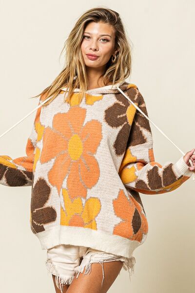 Wheat BiBi Flower Pattern Drawstring Hooded Sweater Sentient Beauty Fashions Apparel & Accessories