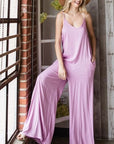 Gray Veveret Pocketed Spaghetti Strap V-Neck Wide Leg Jumpsuit