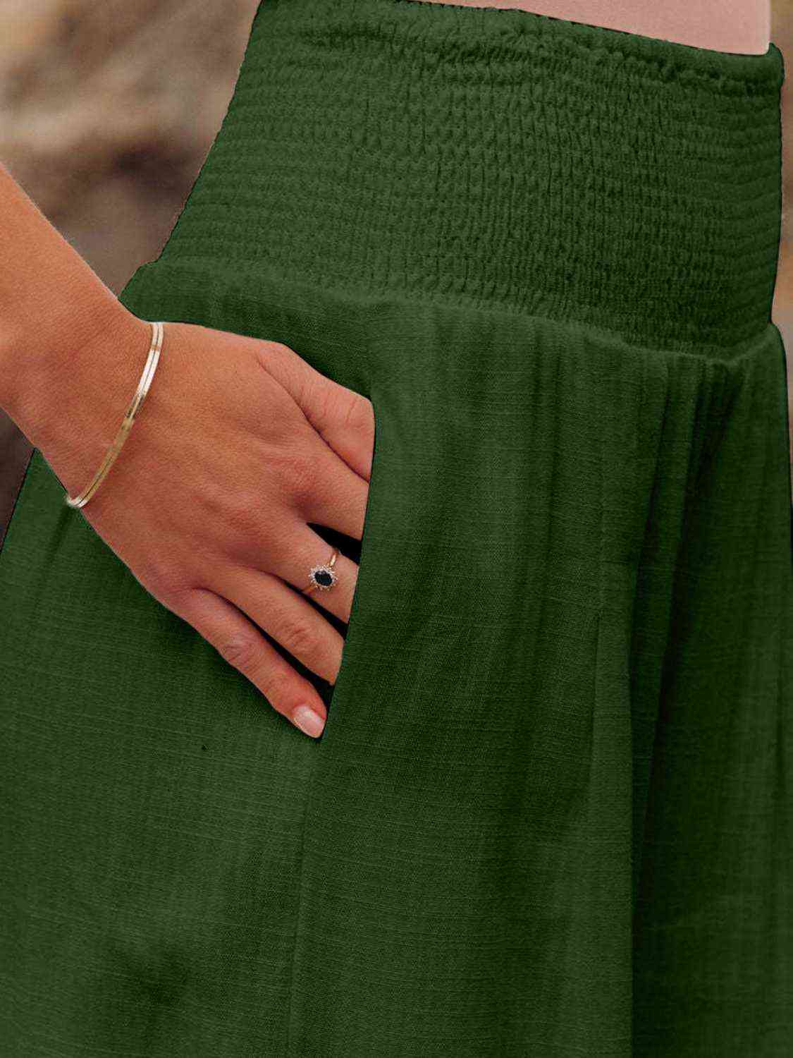 Dark Green Full Size Smocked Waist Wide Leg Pants Sentient Beauty Fashions Apparel &amp; Accessories