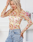 Light Gray Floral Mock Neck Long Sleeve Blouse