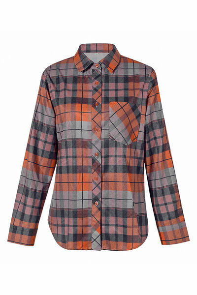 Dim Gray Plaid Pocketed Button Up Shirt Sentient Beauty Fashions Apparel & Accessories