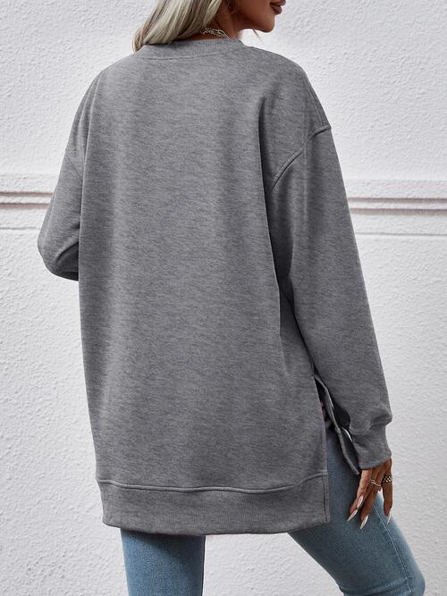 Slate Gray V-Neck Slit Long Sleeve Sweatshirt