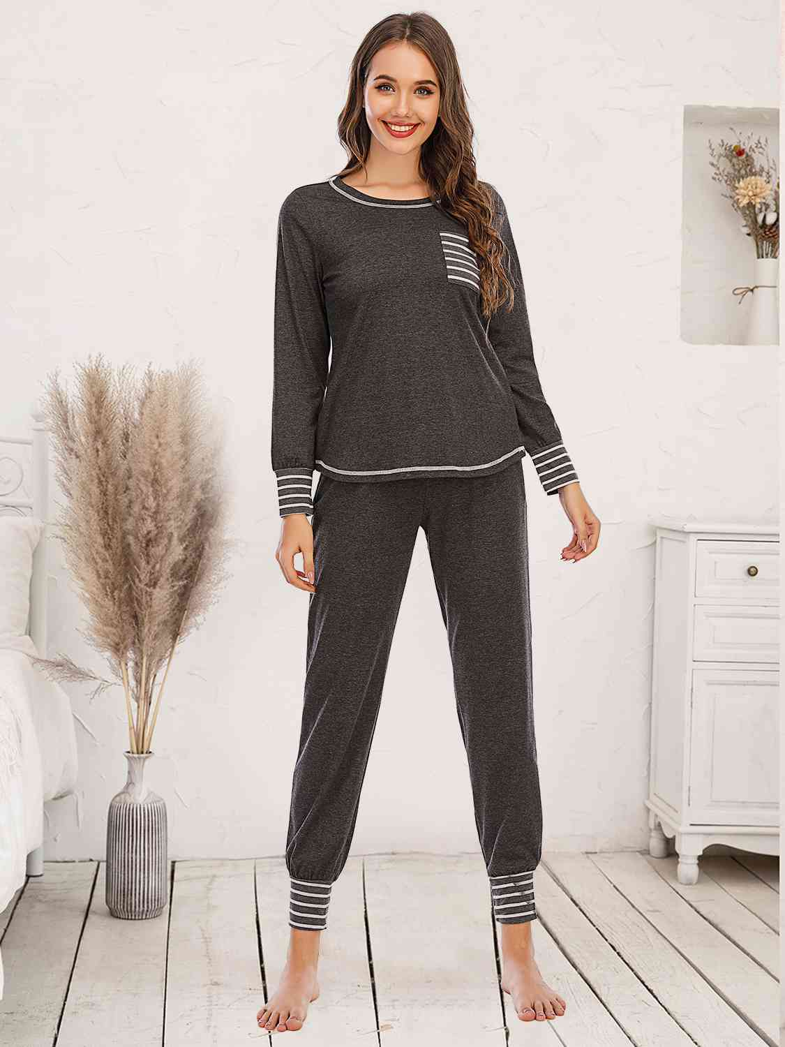 Light Gray Round Neck Top and Pants Lounge Set