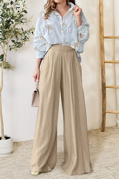 Gray Pocketed Dropped Shoulder Shirt and Wide Leg Pants Set Sentient Beauty Fashions Apparel & Accessories