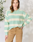 Light Gray Sew In Love Full Size Contrast Striped Round Neck Sweater