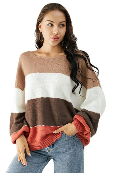 Rosy Brown Color Block Dropped Shoulder Sweater Sentient Beauty Fashions Apparel & Accessories