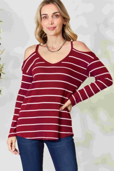 Light Gray BiBi Striped Cold Shoulder Long Sleeve Knit Top Sentient Beauty Fashions Apparel &amp; Accessories