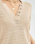 Wheat Openwork Half Button Dropped Shoulder Knit Top Sentient Beauty Fashions Apparel & Accessories