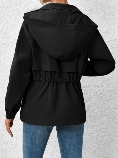 Black Drawstring Zip Up Hooded Jacket