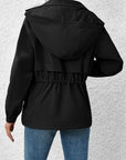 Black Drawstring Zip Up Hooded Jacket