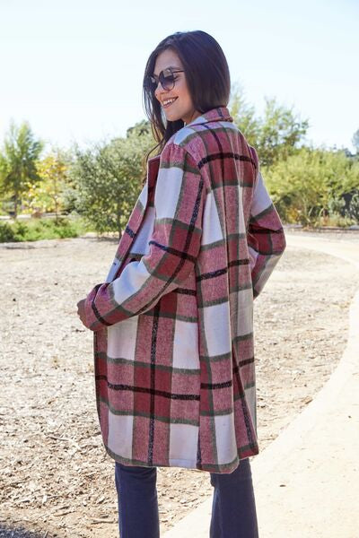 Light Gray Double Take Full Size Plaid Button Up Lapel Collar Coat Sentient Beauty Fashions Apparel &amp; Accessories