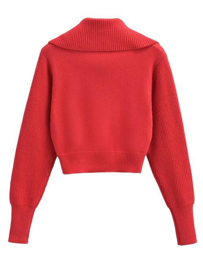 Firebrick Half Zip Ribbed Collared Neck Knit Top