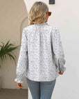 Gray Printed Tie Neck Flounce Sleeve Blouse Sentient Beauty Fashions Apparel & Accessories