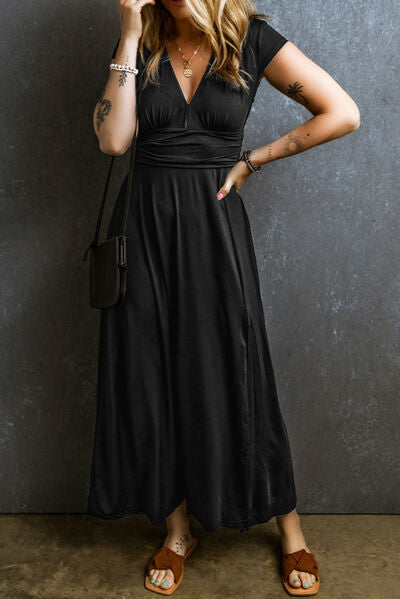 Dark Slate Gray Smocked V-Neck Short Sleeve Dress Sentient Beauty Fashions Apparel & Accessories