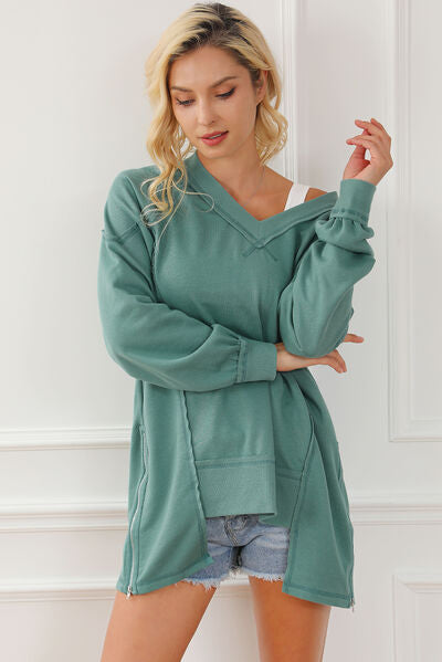 Light Gray Exposed Seam V-Neck Zip Detail Sweatshirt Sentient Beauty Fashions Apparel & Accessories