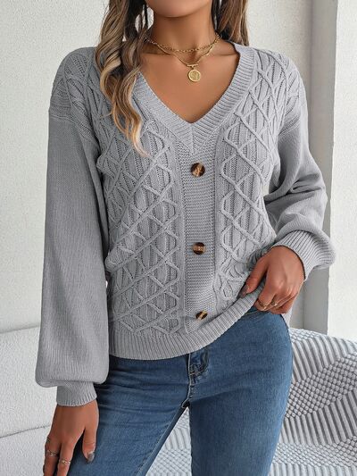 Dark Gray Cable-Knit V-Neck Lantern Sleeve Sweater Sentient Beauty Fashions Apparel &amp; Accessories
