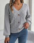 Dark Gray Cable-Knit V-Neck Lantern Sleeve Sweater Sentient Beauty Fashions Apparel & Accessories